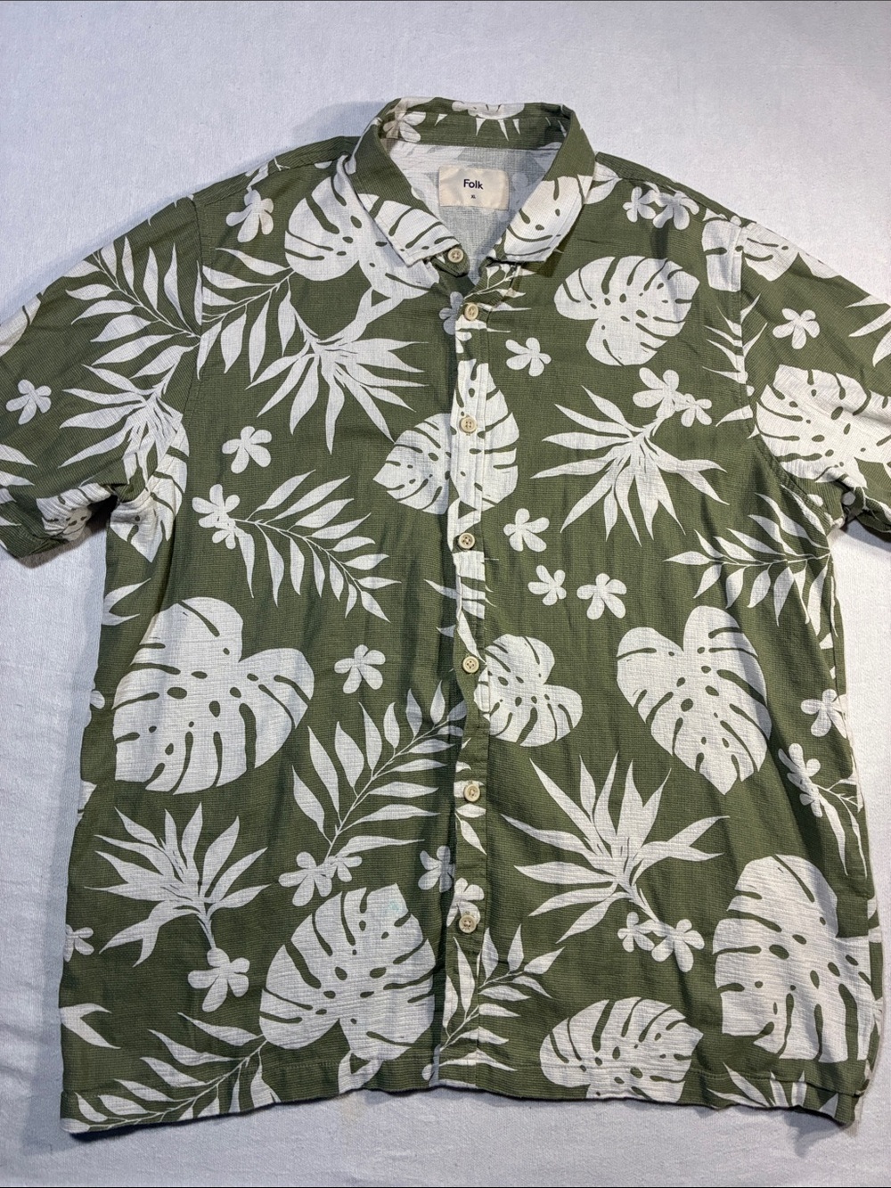 Folk Olive Green Short-Sleeve Tropical Button-Down Shirt